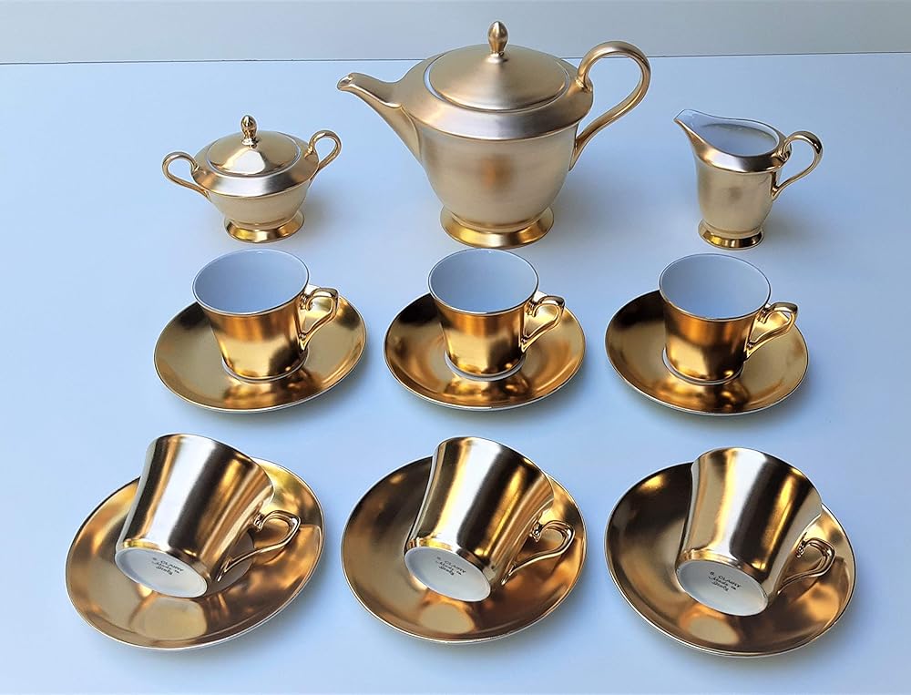 Luxury tea set 09pieces for 6 persosn satin 24k gold Handmade
