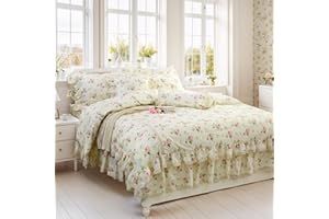 FADFAY Rosette Floral Print Duvet Cover Set Princess Lace Ruffle Bedding Set for Girls 3 Pieces Twin Size