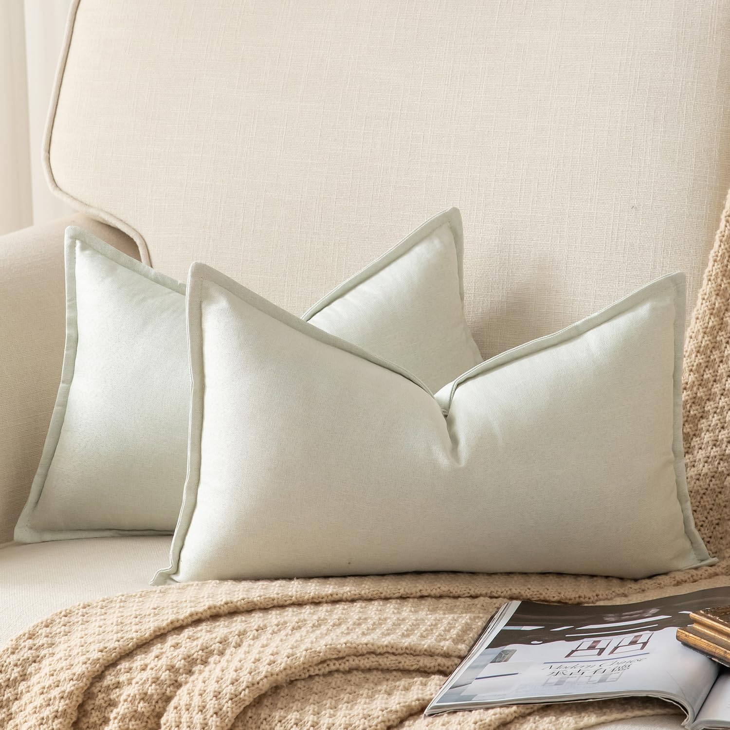 YAERTUN Pack of 2 Decorative Linen Soild Cushion Covers Farmhouse Neutral Throw Pillow Cases for Chair Couch Sofa Bedroom Living Room Home Decor 12 x 20 Inch 30x50 cm Cream White