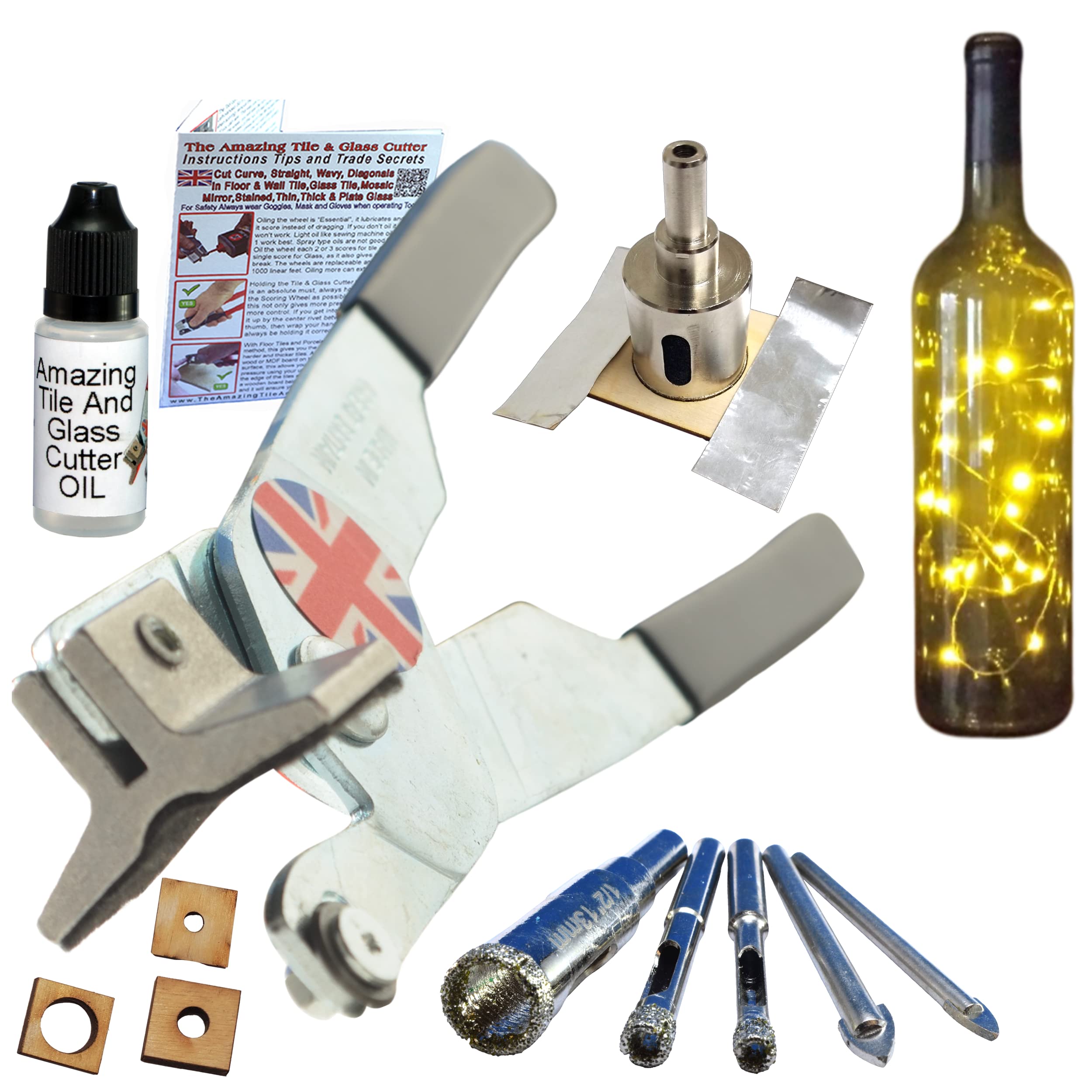 Glass Cutters For Stained Glass Sheets Kit, Diamond Bits And Hole Saw For Tiles Bottles Blocks Plates and Cup Crafts, with Cutting Oil and Instructions How to Cut Tile and Drill Holes For Bottle Lamps