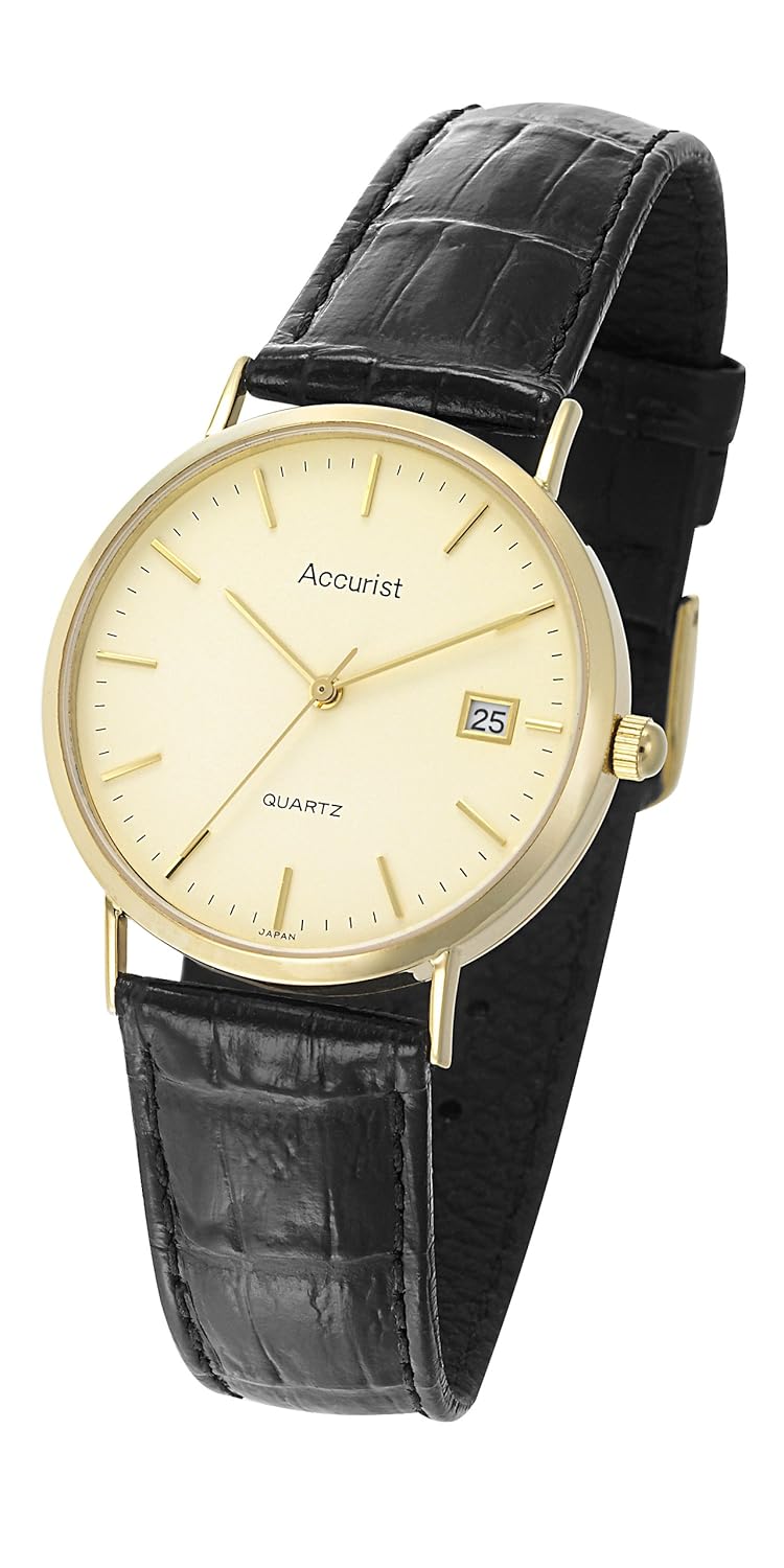 Accurist Men's Quartz Watch with Gold Dial Analogue Display and Black Leather Strap GD14614S