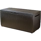 Keter Springwood 80 Gallon Resin Outdoor Storage Box for Patio Furniture Cushions, Pool Toys, and Garden Tools with Handles, Brown