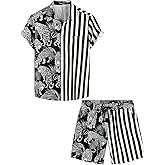 VATPAVE Mens Flamingo Hawaiian Sets Casual Short Sleeve Button Down Shirts Beach Outfits