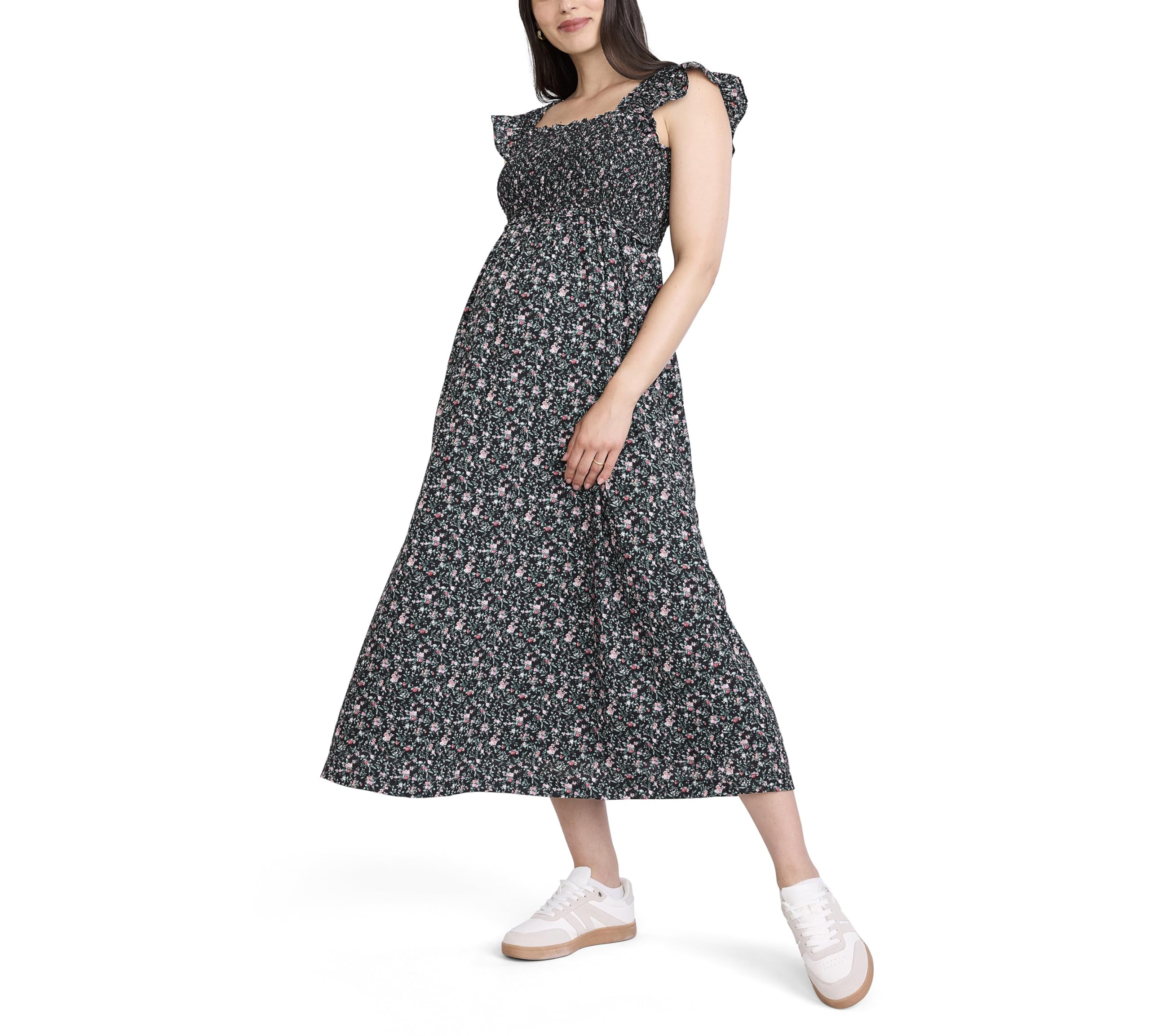 Photo 1 of Motherhood Maternity Women's Sleeveless Ruffle Shoulder Smocked Maxi Pregnancy Dress, Black Ditsy Floral, Medium