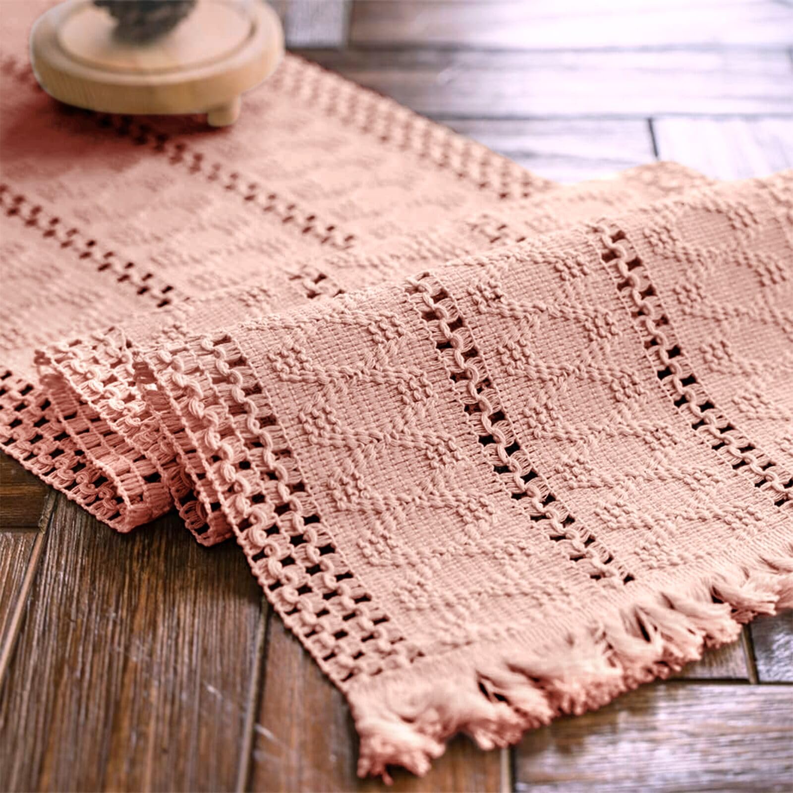 Weldomcor Macrame Coral Pink Cheesecloth Table Runner, 30 x 120 cm Boho Table Cloth with Tassels Hand Woven Cotton Table Cover for Wedding, Birthday Parties, Baby Showers, Christmas Table Decoration — image 1