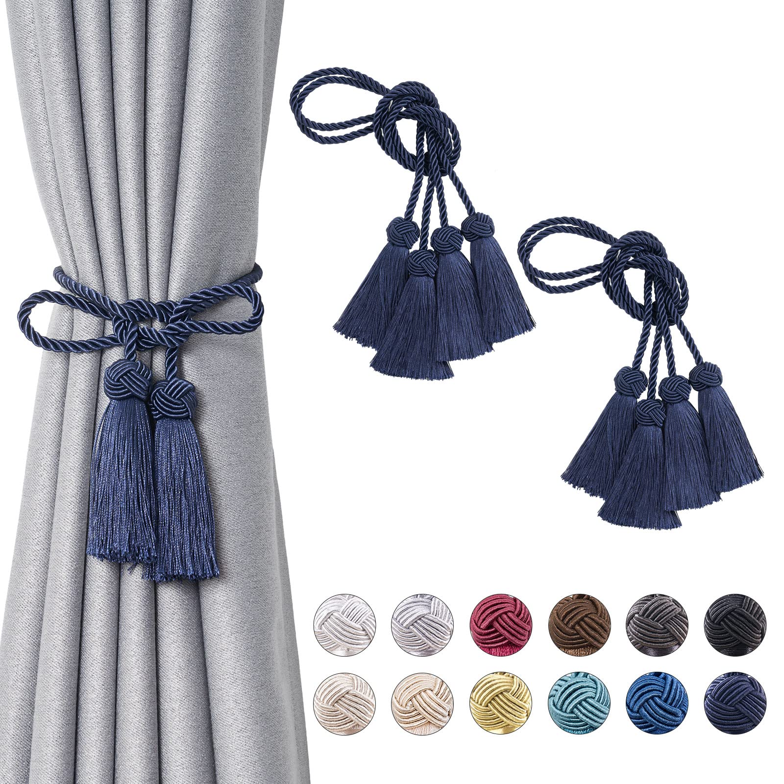Pretty Jolly 4 Pack Double-ended Tassel Curtain Tiebacks Handmade Braided Rope Knot Drape Tie Backs European Style Decorative Curtain Holdbacks for Home & Office Window Drapery (Dark Blue)