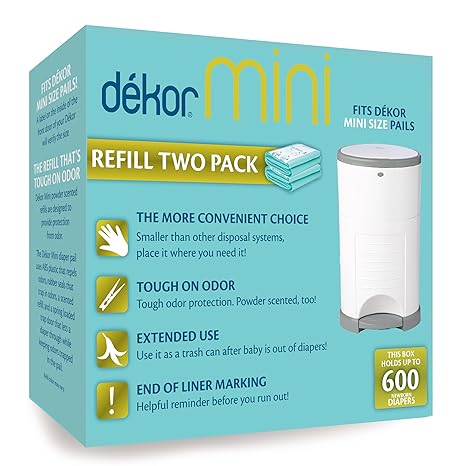 Dekor Mini Diaper Pail Refills | Most Economical Refill System | Quick & Easy to Replace | No Preset Bag Size - Use Only What You Need | Exclusive End-of-Liner Marking | Baby Powder Scent | 2 Count