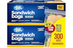 CLEARWARE Sandwich Bags Zipper Top- 300 Count, Resealable Plastic Food Storage Bags For Lunch, Snacks - Reusable Zipper Lock Containers for Fruit, Veggies - Freezer & Microwave-Safe, Strong Seal - 2 Boxes