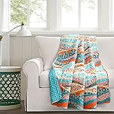 Lush Decor Hailey Watercolor Wave Reversible Cotton Throw Blanket Single 50" W x 60" L Turquoise & Multi - Colorful Blankets for Bed - Blue Couch Blanket