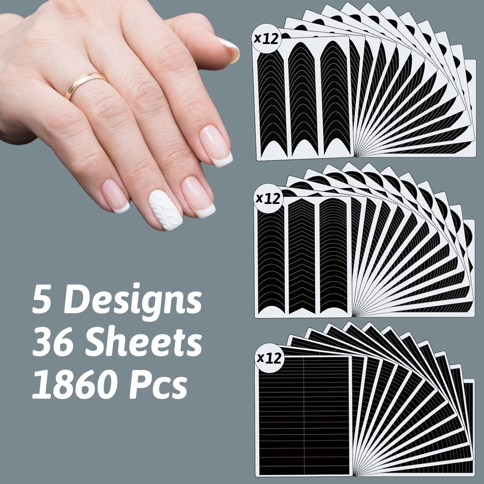 1860 Pcs French Tip Nail Guides, Self-Adhesive French V-Shaped Moon Shaped Manicure Strip Stickers for Edge Auxiliary Black DIY Decoration Stencil Tools(5 Designs, 36 Sheets) - Image 2