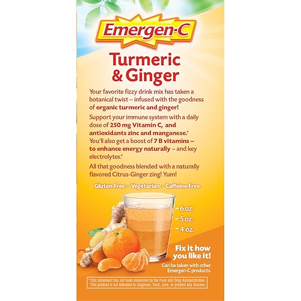 EMERGEN-C CITRUS-GINGER FIZZY DRINK MIX, TURMERIC AND GINGER, IMMUNE SUPPORT, NATURAL FLAVORS WITH HIGH POTENCY VITAMIN C, 18 COUNT