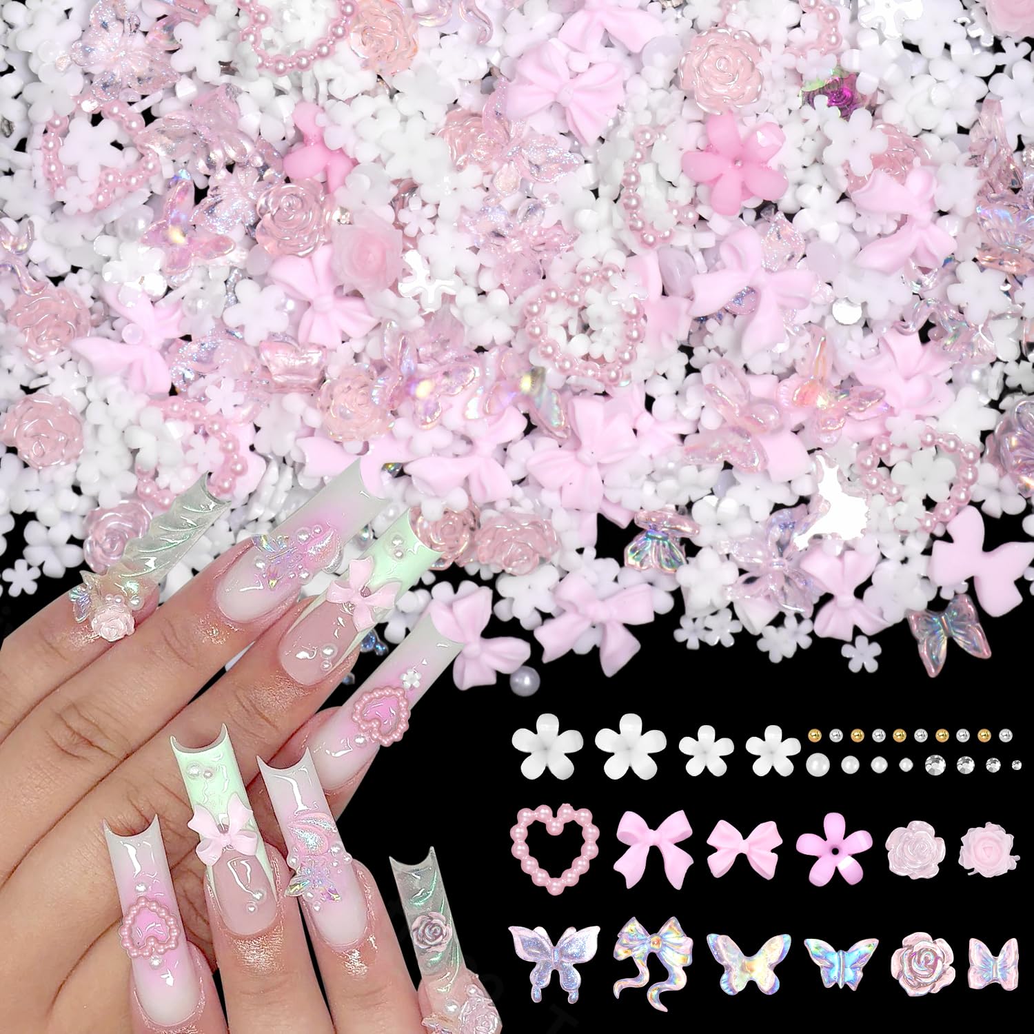 Photo 1 of 1000 Pcs White Flower Nail Charms, 3D Tiny Flowers Charms for Acrylic Nails Mixed Pink Bows Butterfly Petal Nail Art Charms, Caviar Beads and Half Nail Pearls for Manicure Nail Accessories