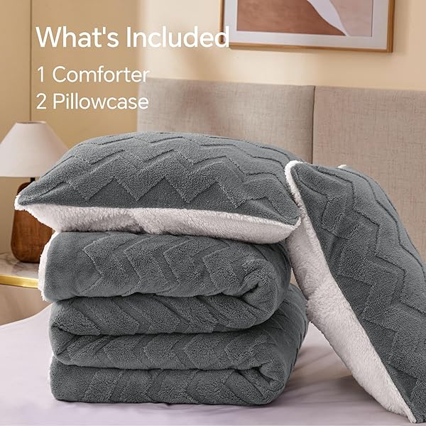 BEDELITE FLUFFY QUEEN COMFORTER SET – SUPER SOFT SHERPA GREY COMFORTER FOR QUEEN SIZE BED, LUXURY WARM BEDDING SET FOR WINTER, FUZZY BED SET 3 PIECES (1 COMFORTER, 2 PILLOWCASES)