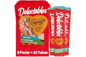 Hartz Delectables Squeeze Up Creamy Squeezable Puree, Lickable Wet Cat Treats, Grain Free, No Added Fillers, No by-Products, No Added Preservatives, 0.5 Ounces Tube Tuna with Catnip, 32 Tubes Total