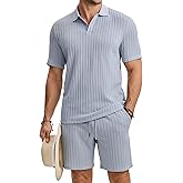 JMIERR Men's Summer Beach Outfits 2 Piece Jacquard Knit Lounge Short Sleeve Shirts & Shorts Vacation Texture Sets
