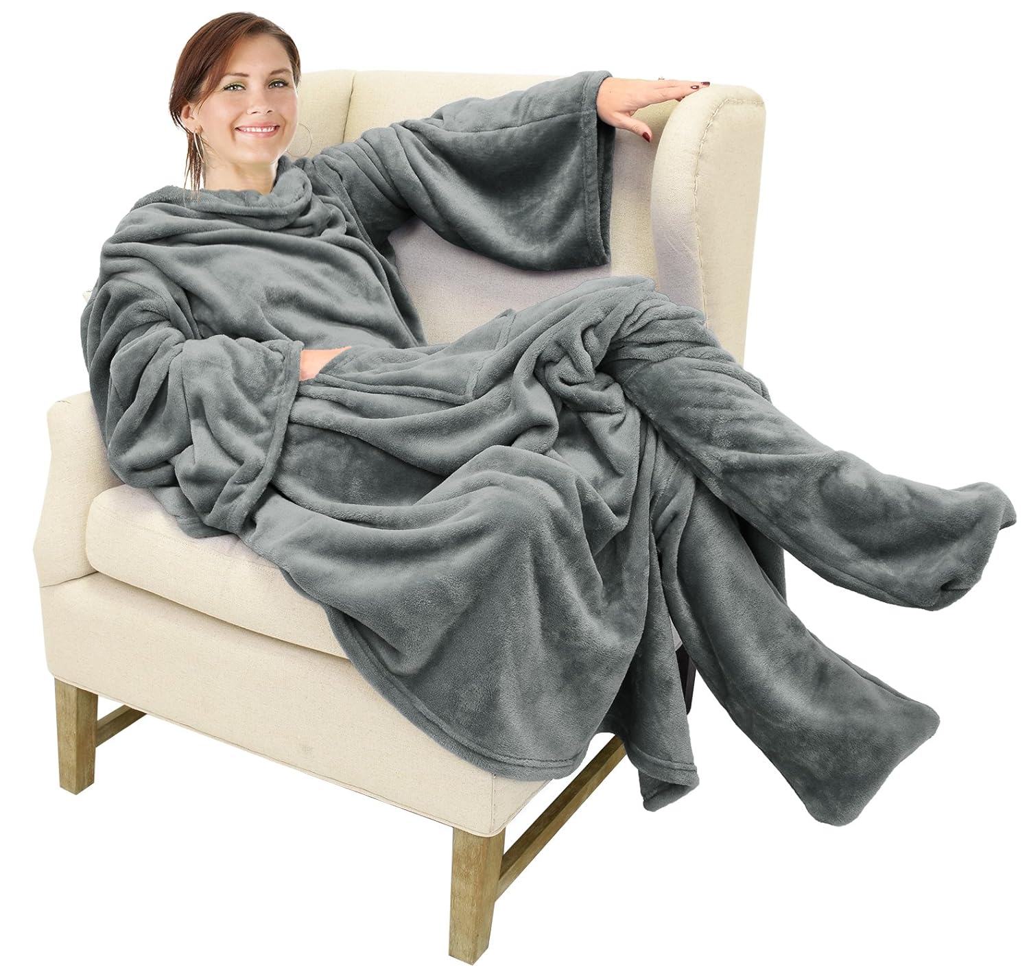 Catalonia Wearable Fleece Blanket with Sleeves & Foot Pockets for Adult