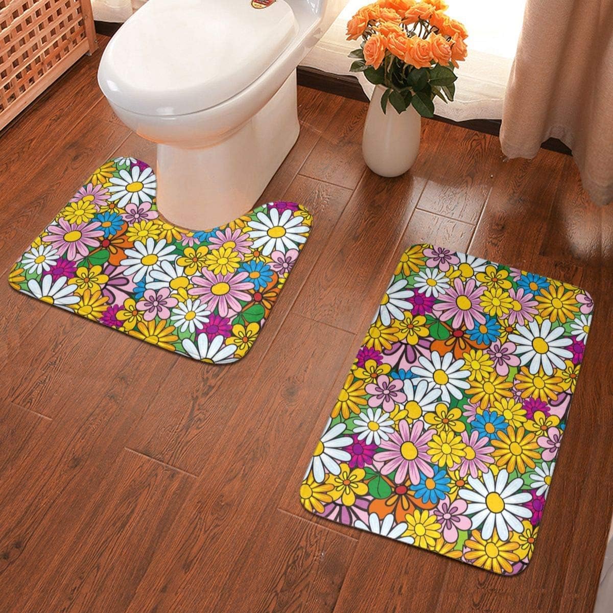 Juego de alfombras de baño de 2 Piezas, diseño de Margaritas pequeñas y