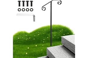 SPACEEUP handrails for Outdoor Steps Single Post Handrails for Outdoor Steps Wrought Iron Single Post Handrail, Ground Long Post Fits 1 or 2 Steps Grab Rail Single Post Railing (Black)