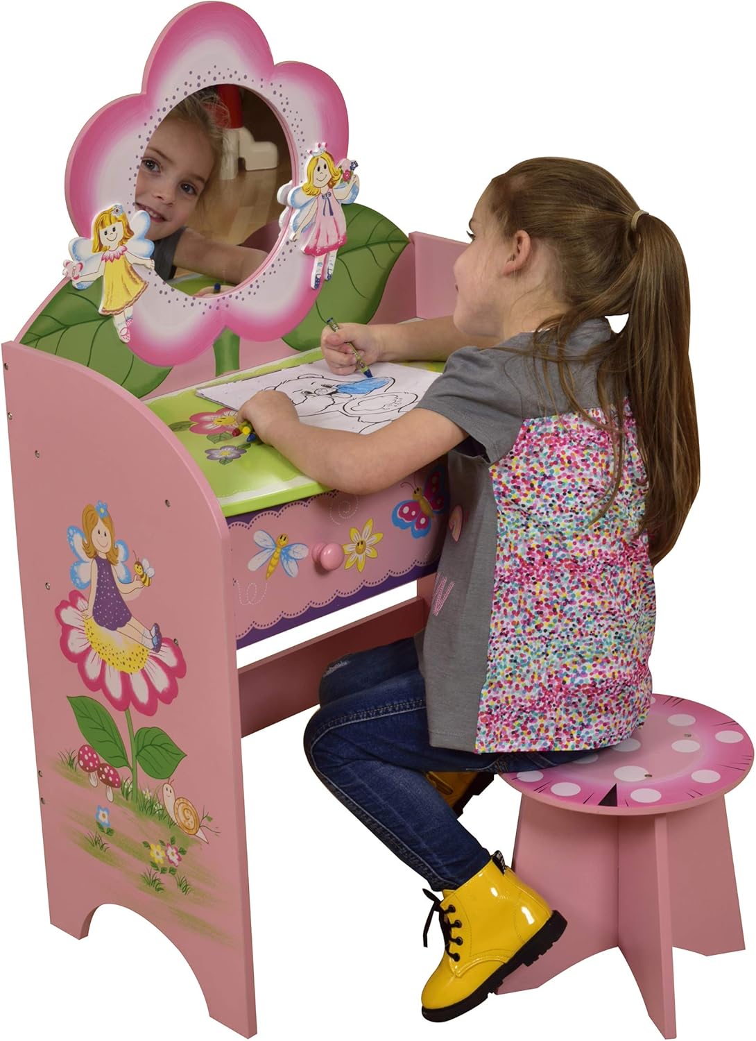 Liberty House Toys Fairy Butterfly Dressing Table and Stool Set, MDF, Pink, Green, White, Yellow, 94cm H x 58cm W x 33cm D BigaMart Liberty House Toys Fairy Butterfly Dressing Table and Stool Set, MDF, Pink, Green, White, Yellow, 94cm H x 58cm W x 33cm D BigaMart