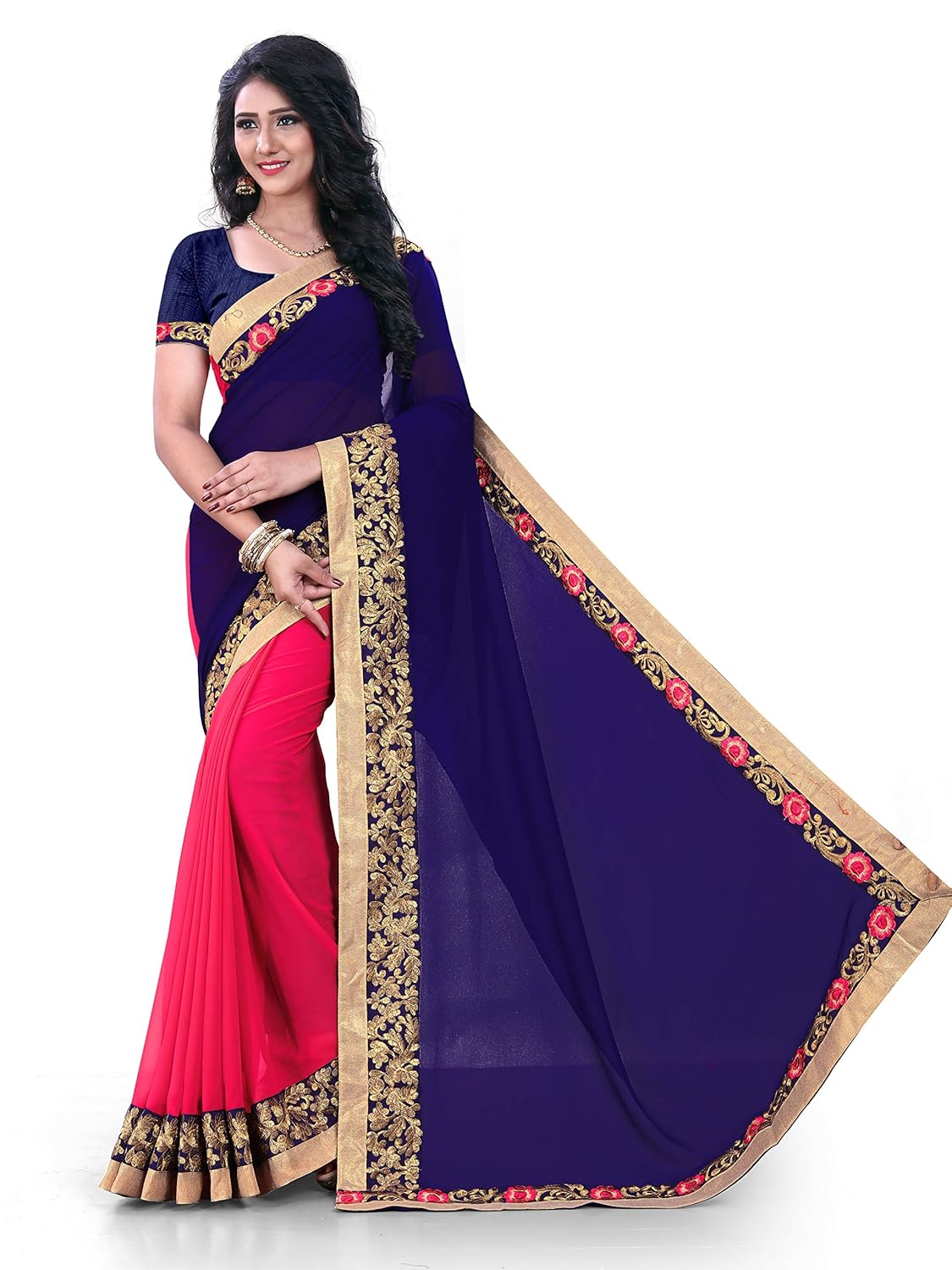 kuki women's georgette saree (black & pink)