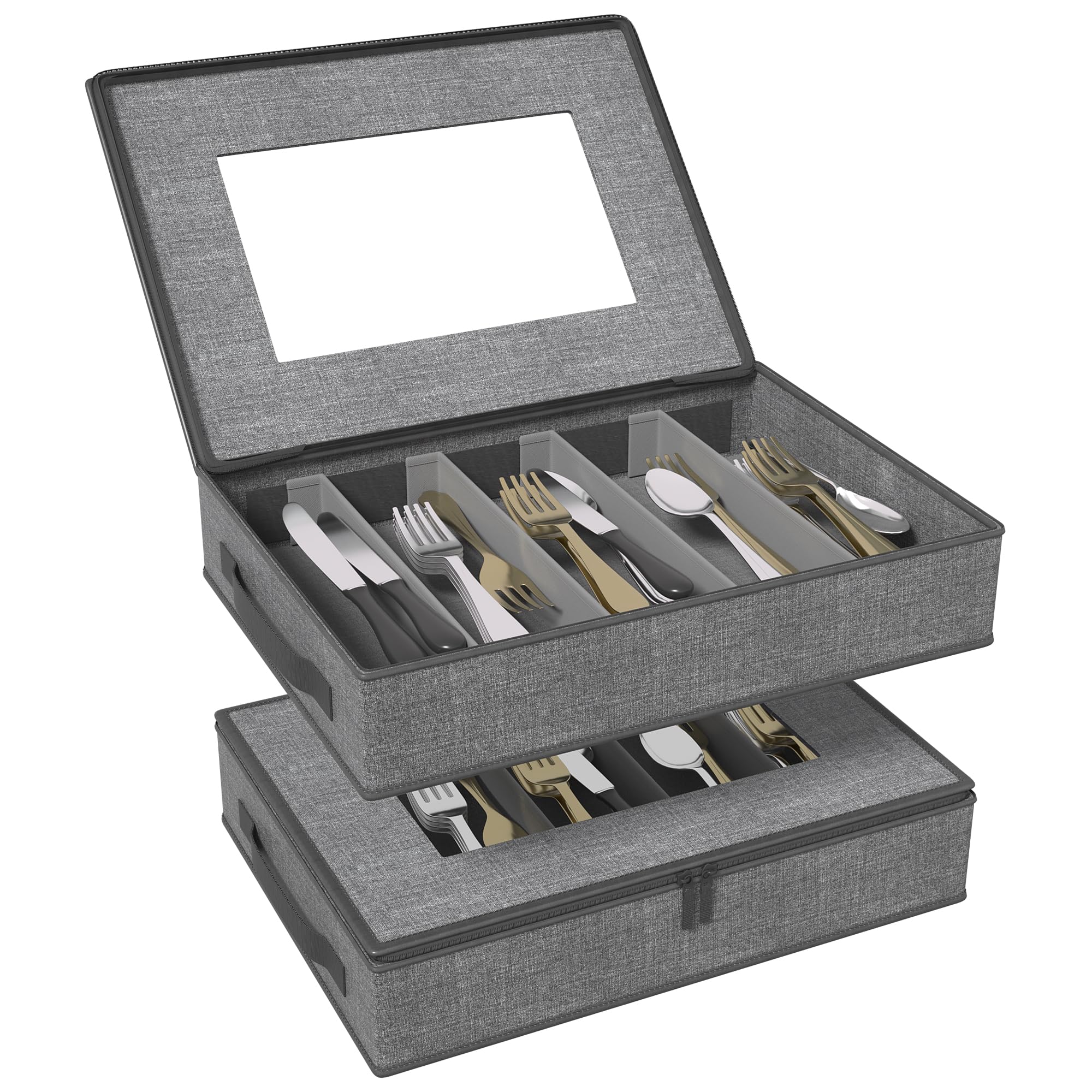 Aokeyee 2-Pack Silverware Storage Box, Sturdy Flatware Organizer with 5 Compartments & Adjustable Dividers, Upgrade Utensil Case with Clear Lid & Handle for Knives, Forks & Spoons, Gray