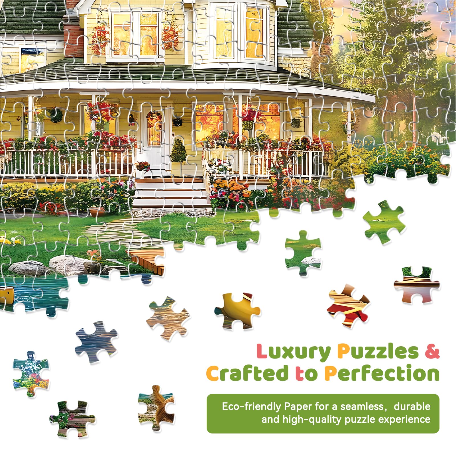 300 Piece Puzzle for Adults, Jigsaw Puzzle, Lakeside Villa with Cat and Garden, Family Kids and Adults Fun Gift, 20.5x15 in