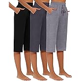 Riyiper 3 Pack Women Capri Pants, Causal Drawstring Lounge Yoga Capri Sweatpants Loose Wide Leg Crop Jogger Pant with Pockets