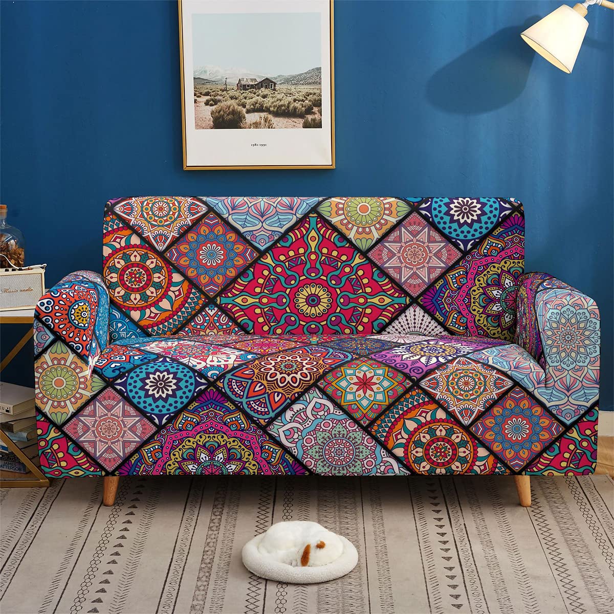 Morbuy Stretch Sofa Covers, Non Slip Mandala Printed Couch Covers 4 Seater Sofa Slipcovers, Washable Furniture Protector Sofa Cover with 1 Sticky Roller