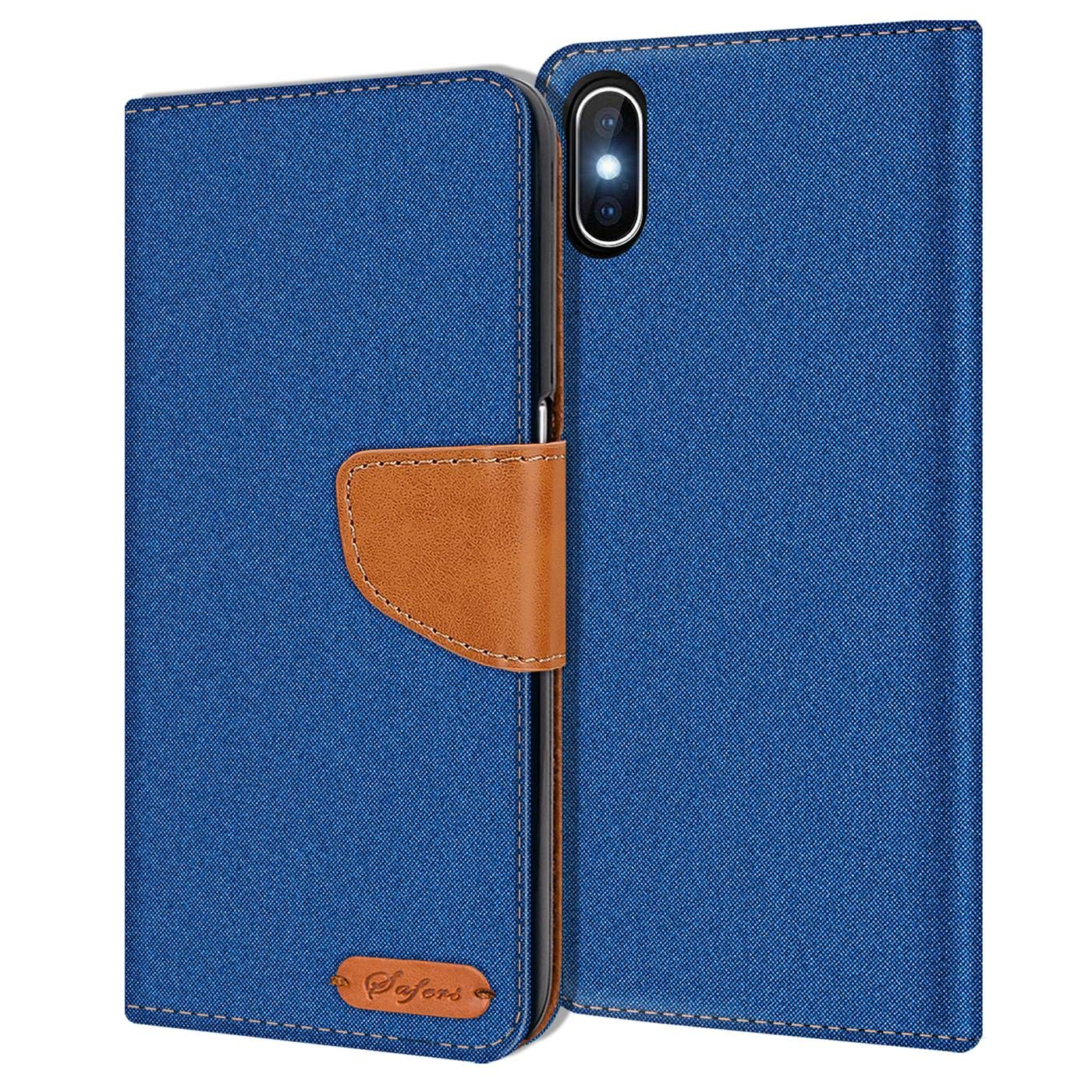 Verco Phone Wallet Case compatible with the iPhone XS, Canvas Faux Leather Book Cover for the Apple iPhone X Flip Case Bag Hinged - Blue