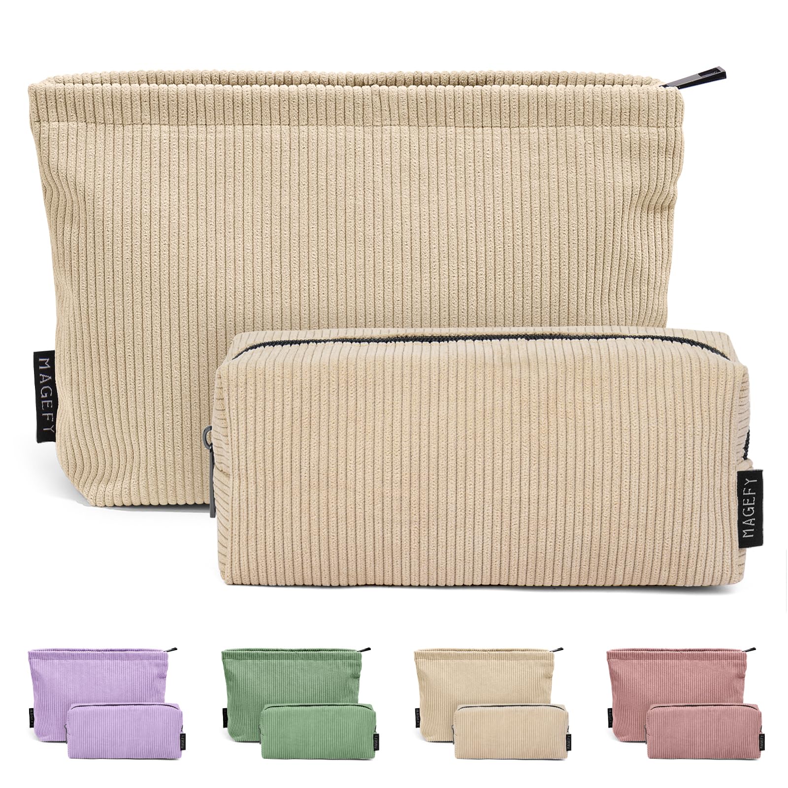 Makeup Bag MAGEFY 2 Pcs Small Cosmetic Bag Travel Makeup Pouch Corduroy Makeup Bag for Purse Portable Versatile Make up Bag for Women (Beige)