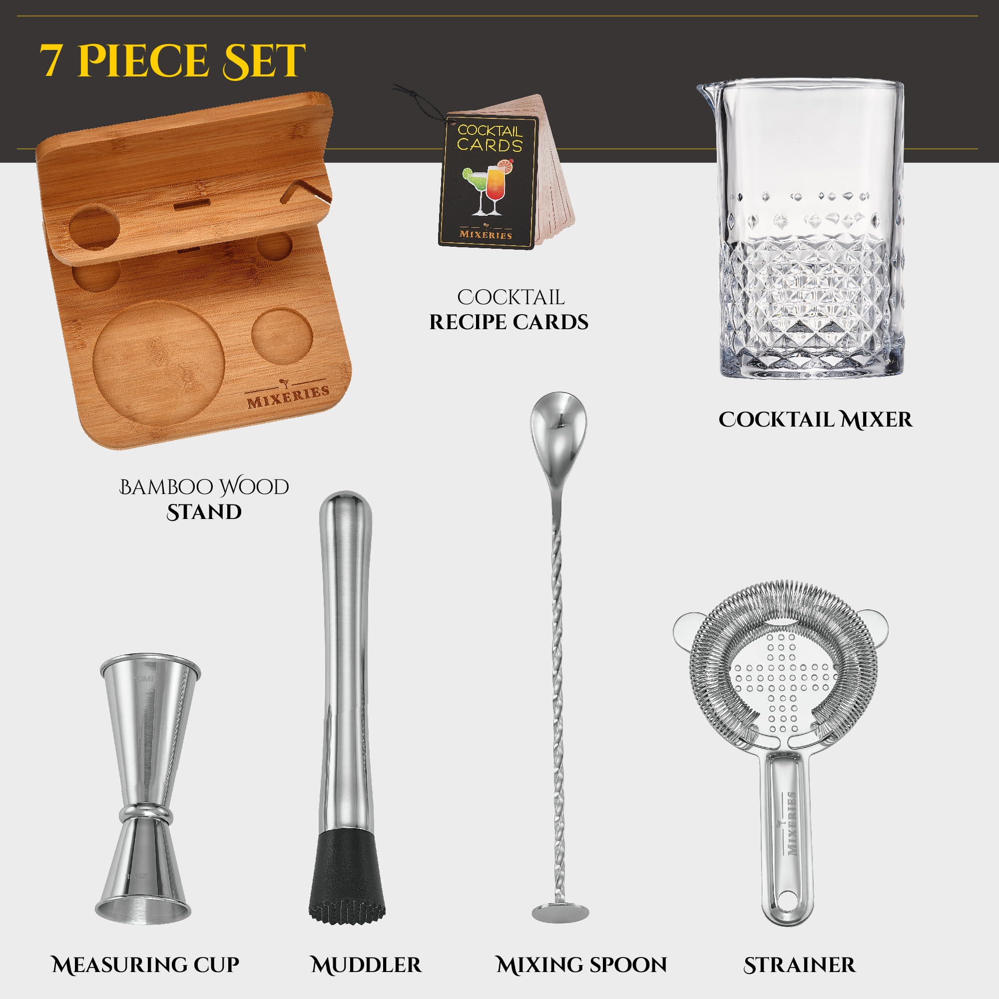 Mixeries Crystal Cocktail Mixing Glass Set with Bamboo Stand - 22 Oz 650ml - Thick and Sturdy Bottom, Durable and Seamless Design with Bar Accessories Gift Set - Image 3