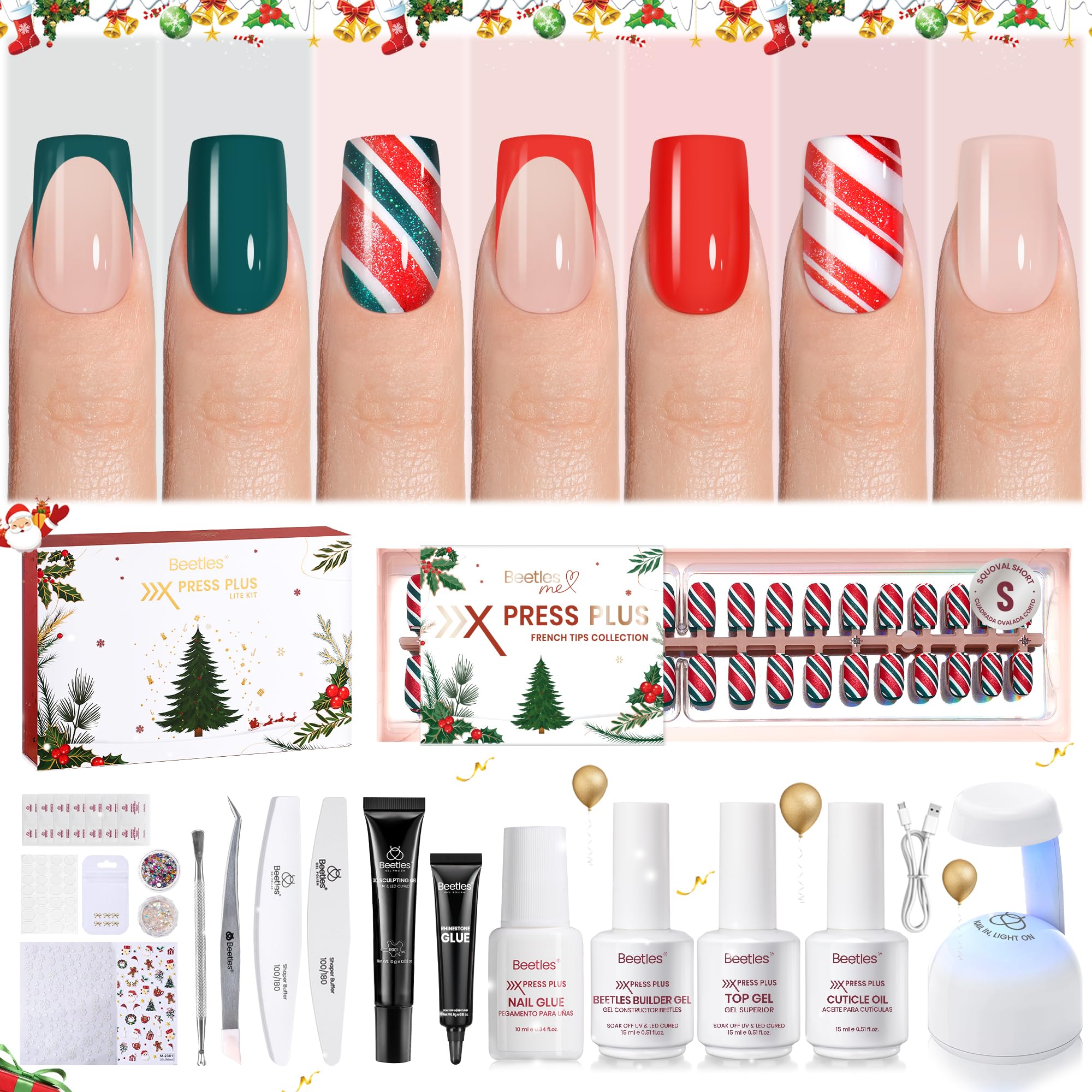 Beetles X Press Plus Gel Nails Kit - Christmas Glitz | 7 Desgin Christmas Press On Nails Short Square | 224Pcs 16 Sizes All-in-One Kit With Nail Glue,Remover,Builder Top Coat,Nail Lamp Gift Image