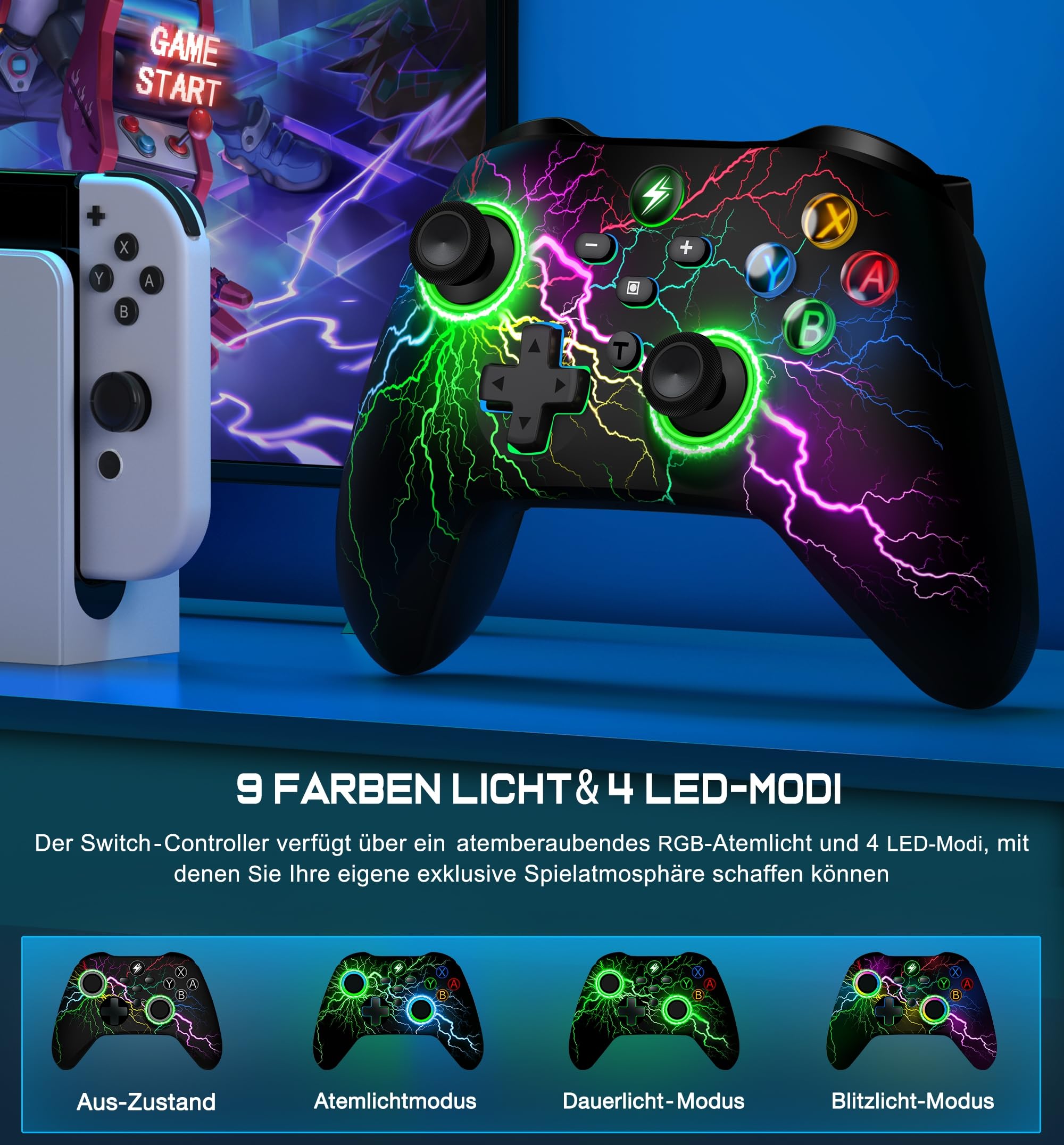HASACOOL Switch Controller, Switch Pro Controller mit 2 Back Button Macro Programmierbar/Blinkende Lichter, 1000mAh Controller Switch für Switch/Lite/OLED, Kompatibel mit Android/IOS/PC 2