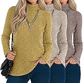 Velvelhall 3 Pack Women's Long Sleeve Turtleneck Sweaters, Curved Hem Ribbed Tunic Tops Loose Fit Pullover Basic Layer