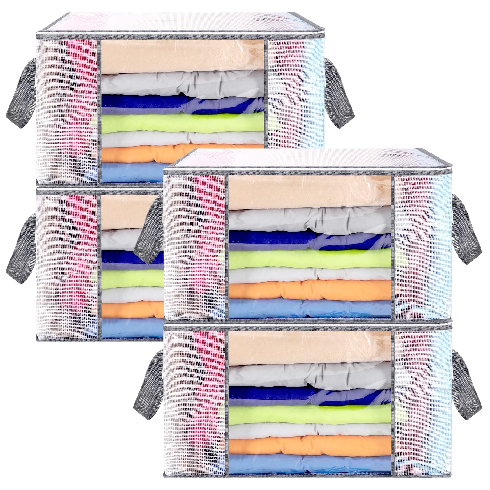 SUNNOW 4 Pcs 80L Clear Clothes Storage Bags, Large Capacity Under bed Storage Box with Zip Foldable Organizers Bags with Reinforced Handle for Toys Blankets Duvet Clothes Christmas Decor