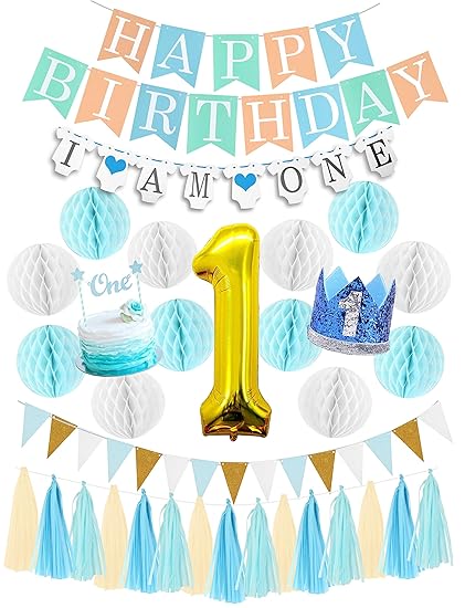 1st Birthday Boy Decorations Glitter Crown Party Hat One Banner