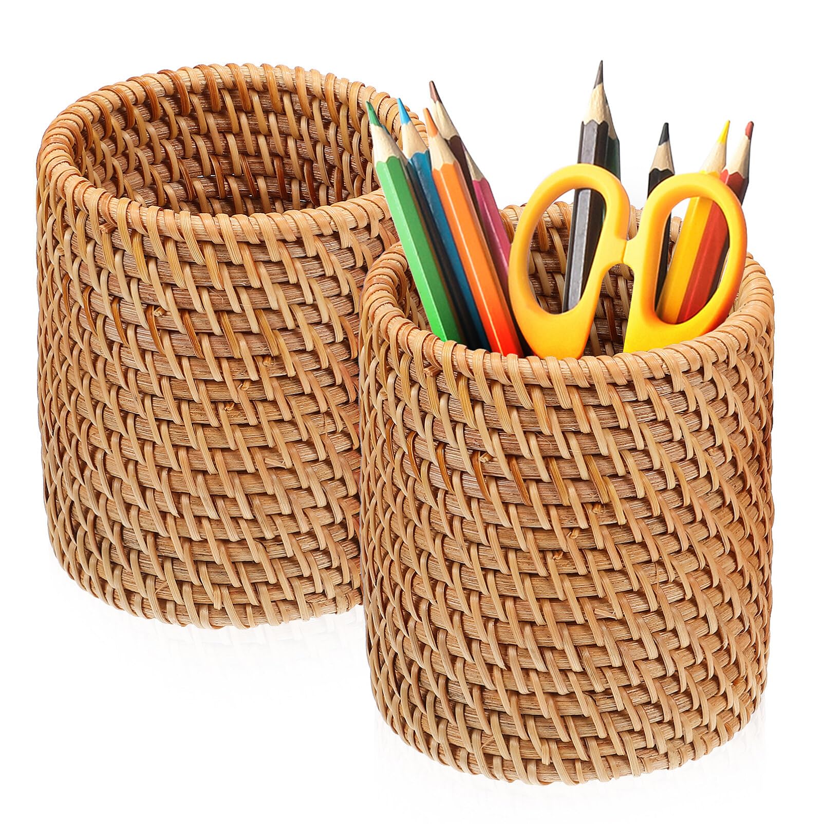 Alipis Rattan Pencil Pots, Handmade Pen Holder for Desk, Multifunctional Pencil Pots for Classroom Home Office Desktop Makeup Brush Stationery Storage Rack, 2PCS (Cylindrical)
