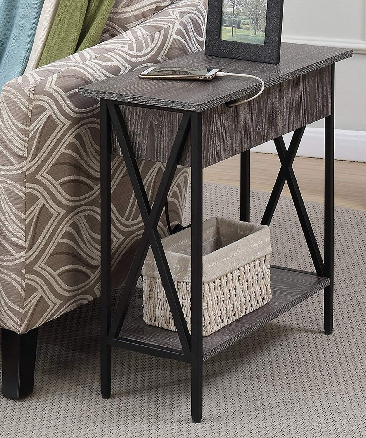 Convenience Concepts Tucson Flip Top End Table with Charging Station, Weathered Gray: Furniture & Decor