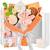 MengxFly Crochet Flower Bouquet Orange Handmade Crochet Flowers, Thoughtful Gift for Her, Knitted Floral Bouquet with Gift Box Bag and Card