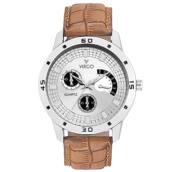 Mens Chronograph Thick Leather Belt Analogue Silver Dial Watch