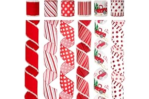 KINGLAKE Christmas Ribbon Wired 2.5" x 30 Yards Red and White Ribbon for Christmas Tree Ribbon 6 Rolls Red White Wired Candy Cane Ribbons for Crafts Gift Wrapping Wreath Holiday Decor