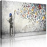 Graffiti Canvas Wall Art Young Boy and Butterfly Posters Prints Stretched and Framed Street Art Graffiti Artwork for Living Room Bedroom Decor Ready to Hang - 12x16inch