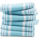 TEXAS LINEN CO. American Stripe Kitchen Towels 100% Cotton Pack of 6, Highly Absorbent Quick Drying, Soft Dish Towels 20x30 Inch for Kitchen with Hanging Loop, Hand & Tea Towel - Aqua & White Striped