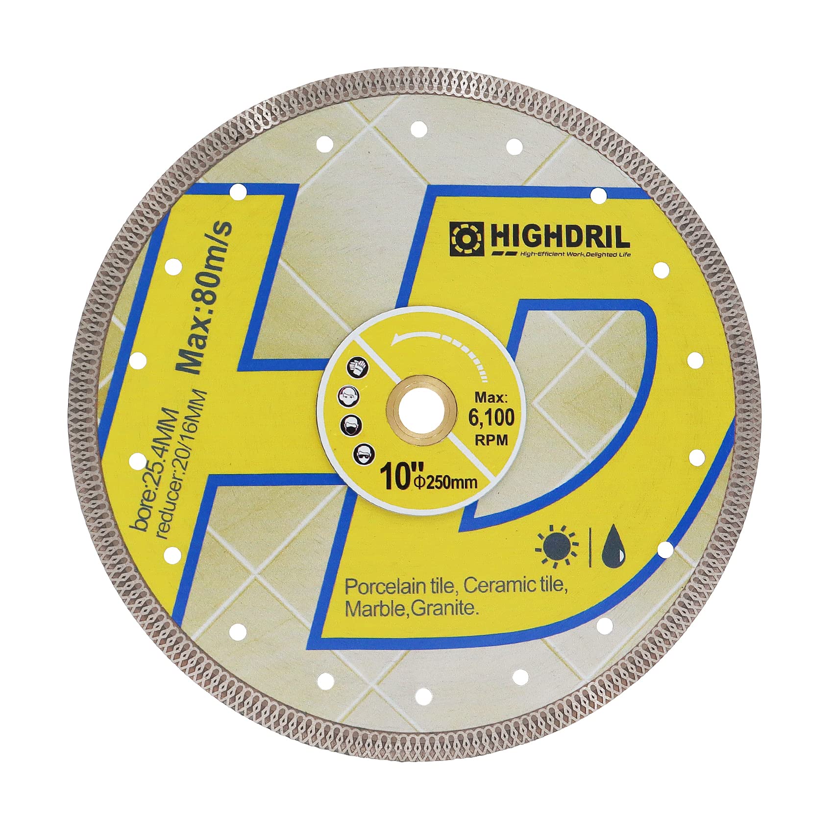 HIGHDRIL Diamond Saw Blade - 250MM/10 Inch Diamond Tile Blade Disc Cutting Porcelain Tile Ceramic Granite Marble Dry or Wet Use Circular Saw Blade with Turbo X Mesh