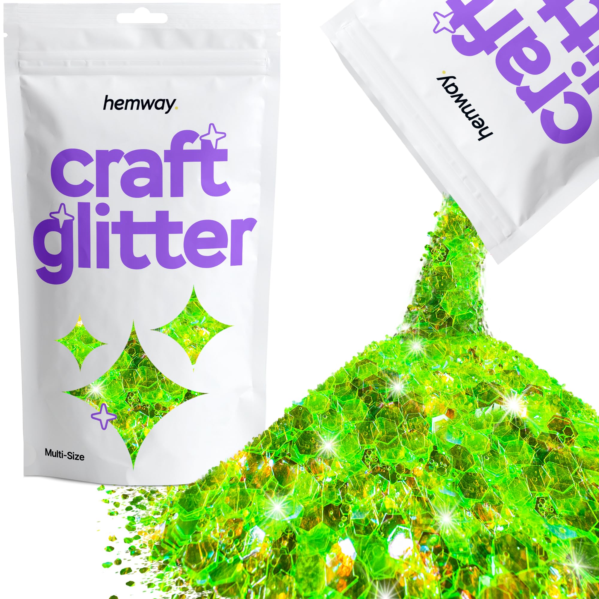 Hemway Craft Glitter Fluorescent Green 100g Multi Size Glitter for Crafts, Resin, Cosmetic, Nail, Face, Body, Festival, Tumblers, Art, Candle, Crafting