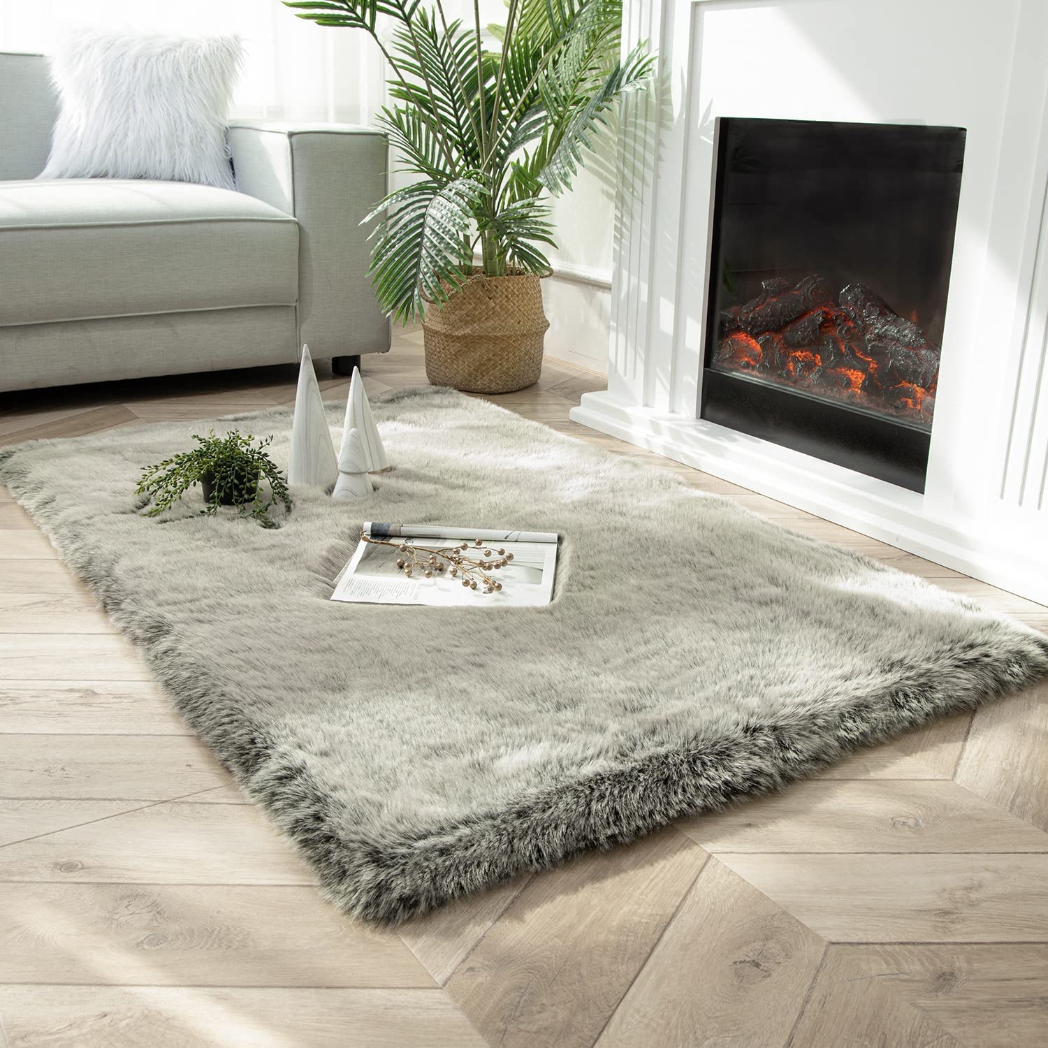 Ashler Faux Fox Fur Rug, Green White Brown Fluffy Rug, 3x5 Rectangle Rug, Ultra Soft Shaggy Area Rugs for Bedroom, Fuzzy Carpets for Living Room, Sofa Image