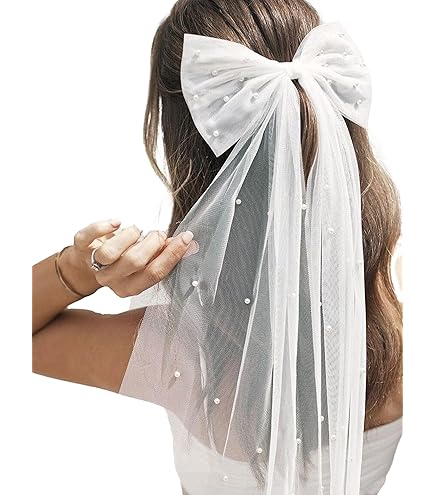 Amazon.com : JEAIRTS White Bridal Bow Veil Wedding Pearl  display picture 2