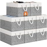 StorageTastic Storage Bin,Collapsible Storage Basket For Organizing,Large | Storage Boxes With Rope Handles,Storage Containers,White &amp; Grey,8 Pack