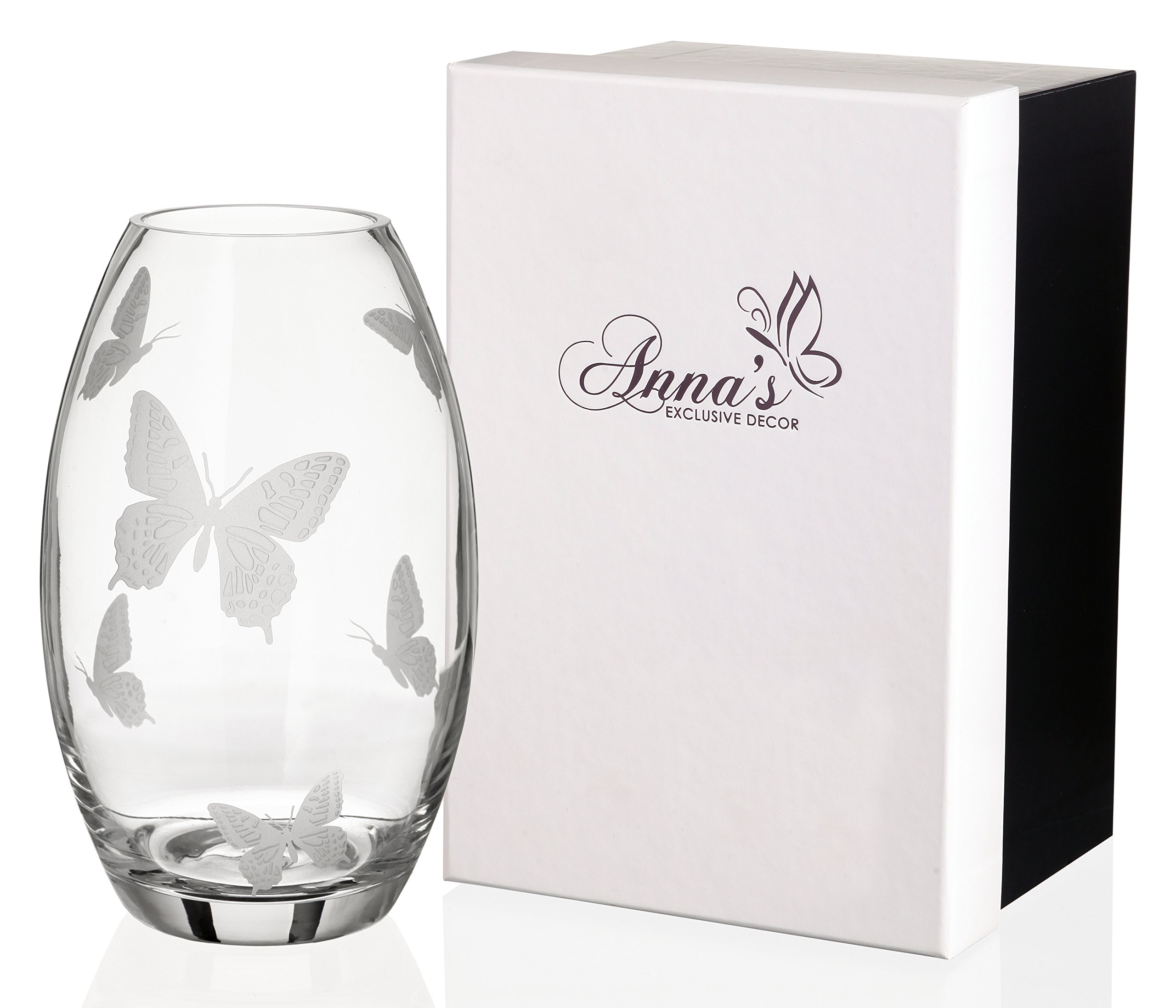 Butterfly Vase - Mouth Blown Glass Vase Decorated with Etched Butterflies - Elegant Satin Lined Gift Box - Premium Unleaded Glass Centerpiece - Clear, 9.1 in (23 cm)