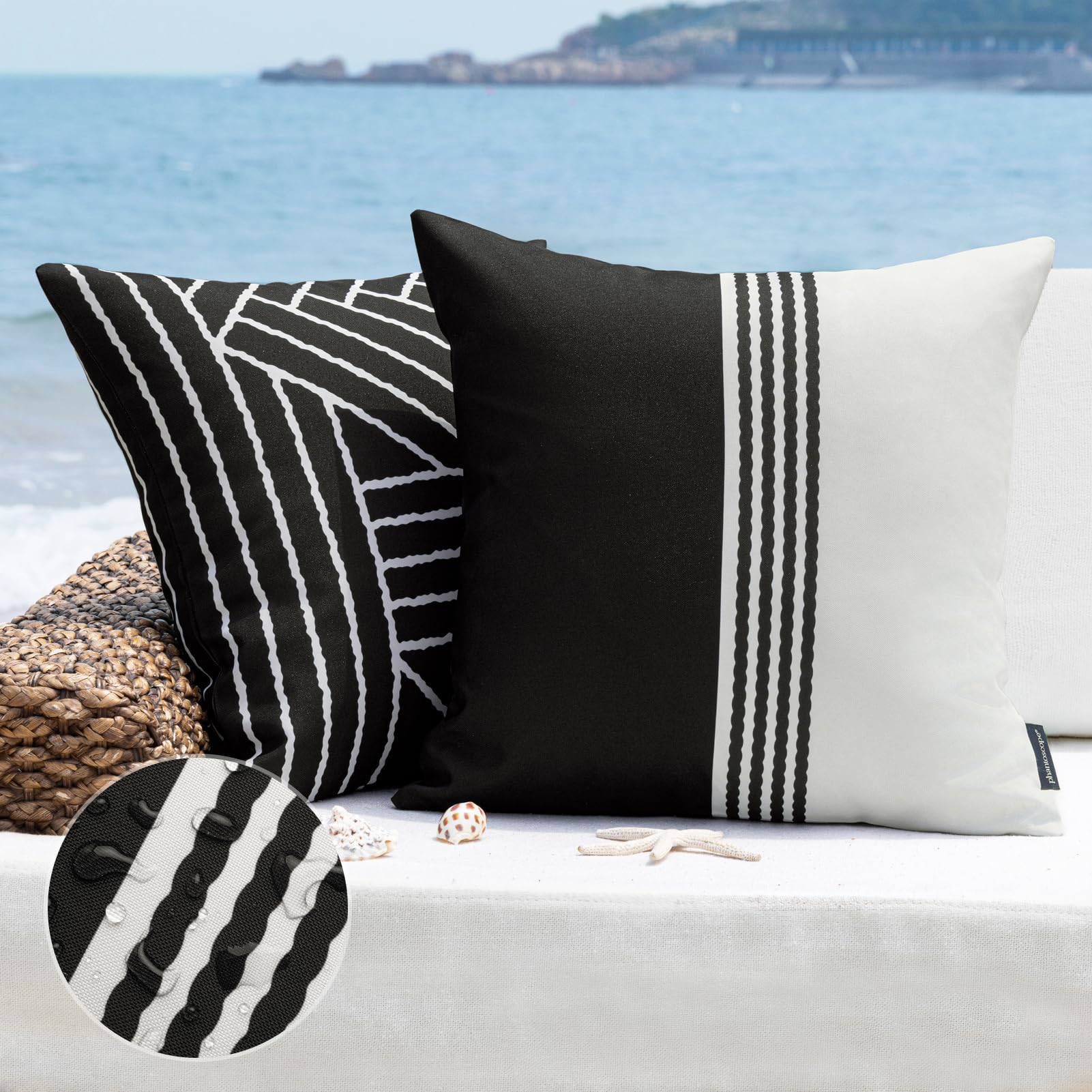 Photo 1 of Phantoscope Pack of 2 Outdoor Indoor Throw Decorative Pillow Cover Contrast Color Design Decorative Waterproof Patio Pillows Cushion Case for Couch Tent Park,Black and White 18 x 18 in